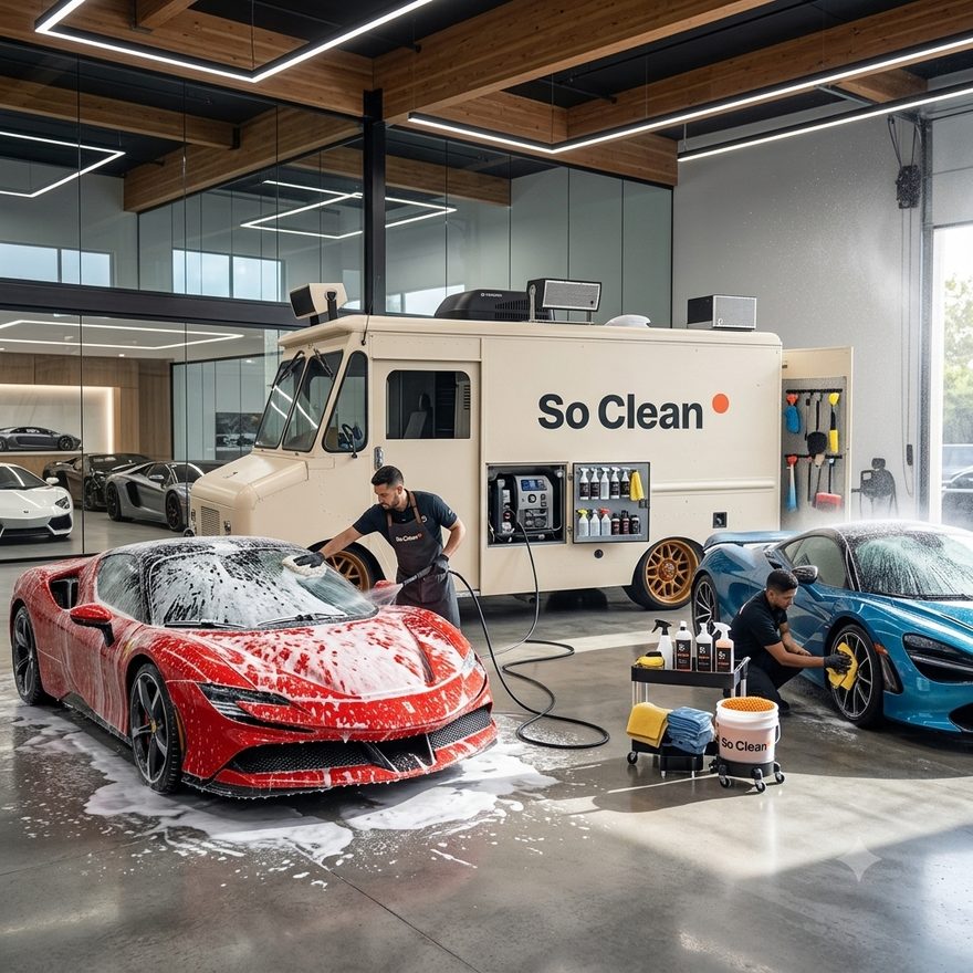 So Clean mobile detailing truck washing cars on site in Miami